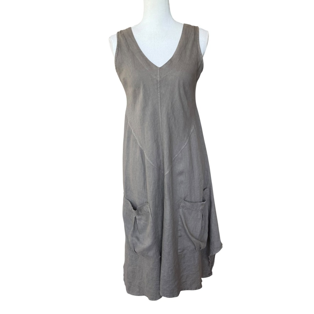 Moraitis Greece 100% Linen Lagenlook VNeck Pocket Midi Dress Taupe Grey Womens M